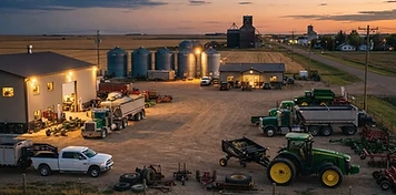 Commercial service trucks and agricultural equipment in prairie country near Hanna, Alberta