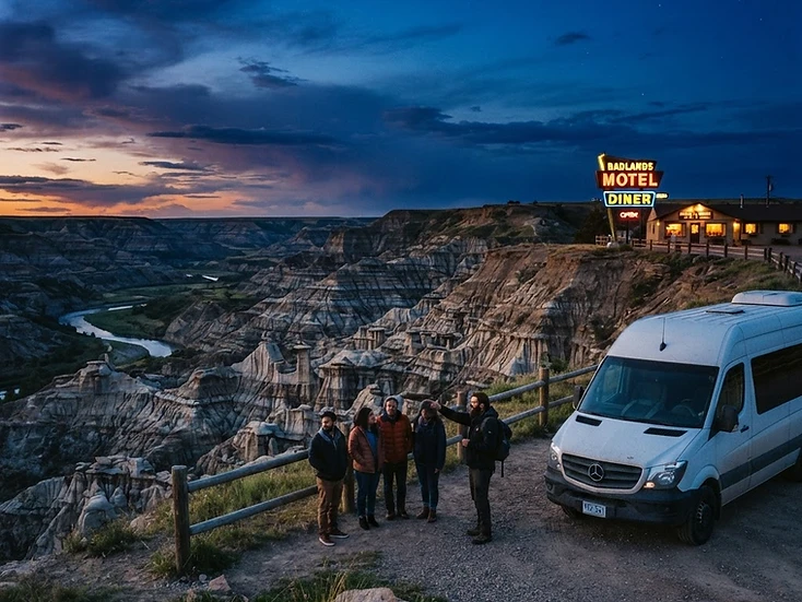 Tour shuttle van and visitors at a badlands viewpoint with hoodoo rock formations and a warmly lit motel and diner sign in Drumheller at dusk