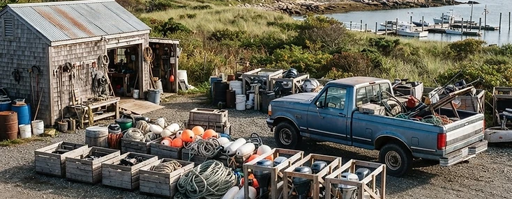 Service pickup and marine-supply crates organized in an island equipment yard in Lamèque.