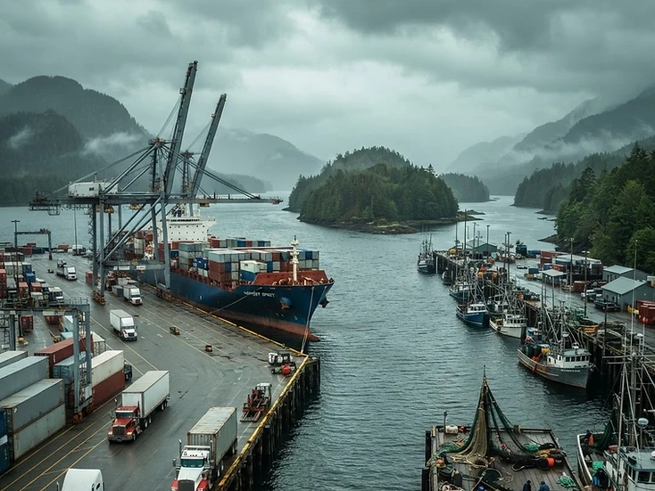 Container port, fishing harbour and marine logistics in Prince Rupert, BC