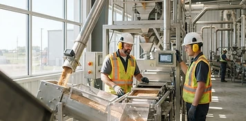 Workers on a bright food-processing line at a Brandon agri-food facility