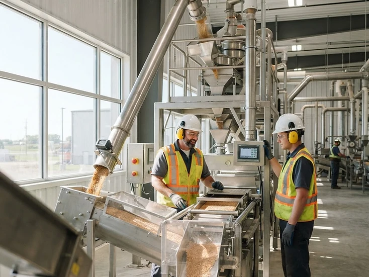Workers on a bright food-processing line at a Brandon agri-food facility