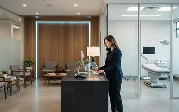 Modern private healthcare clinic reception and treatment area.