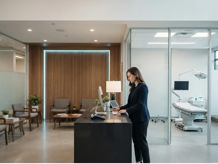 Modern private healthcare clinic reception and treatment area