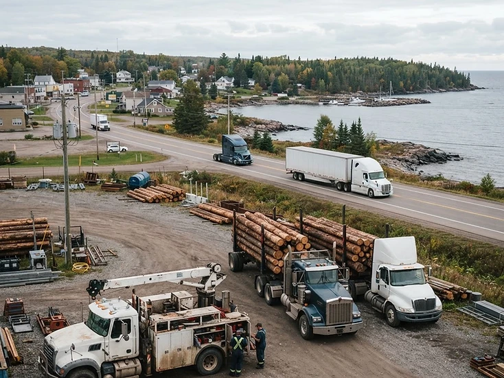 Service trucks and forestry commerce in Blind River, Ontario