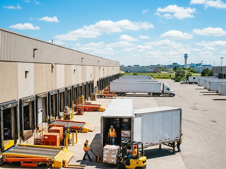 Warehouse crews unloading freight at sunlit loading docks in Mississauga, Ontario