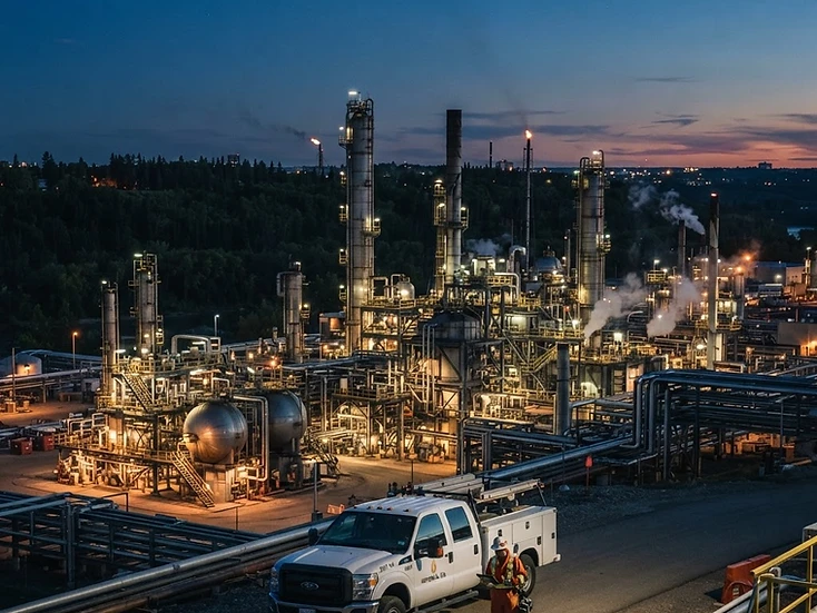 Petroleum refinery complex on Edmonton's industrial east side with a maintenance truck at dusk