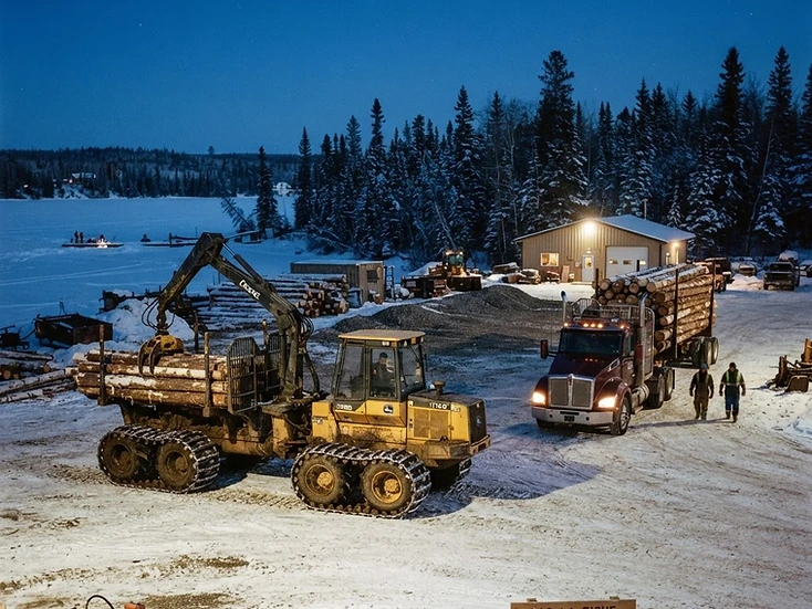 Forestry service yard with log truck and forwarder under floodlights at a frozen lake edge in Lac La Biche at dusk