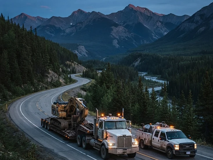 Heavy service trucks and heavy-haul transport on Highway 40 in the Rocky Mountains near Grande Cache, Alberta