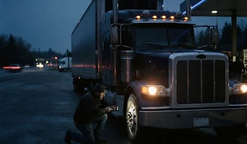Commercial truck and trailer at dusk