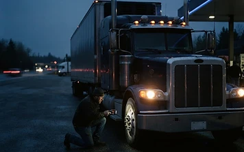 Commercial truck and trailer at dusk.
