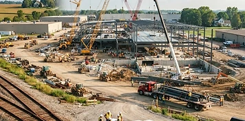 Construction cranes and crew trucks in St. Thomas, Ontario