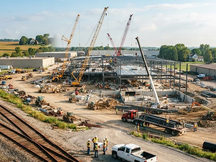 Construction cranes and crew trucks in St. Thomas, Ontario