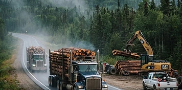 Logging trucks and forestry contractor equipment on the forest-edge highway at Hudson Bay, Saskatchewan