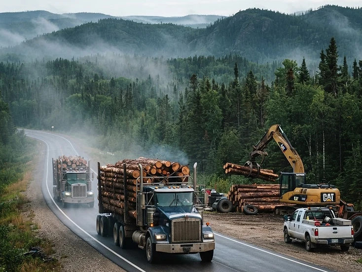 Logging trucks and forestry contractor equipment on the forest-edge highway at Hudson Bay, Saskatchewan