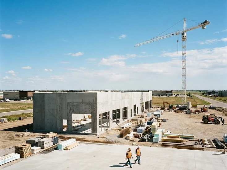 Construction crews framing a new commercial building in a fast-growing southern Manitoba town