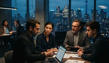 Professional services team collaborating in a modern office