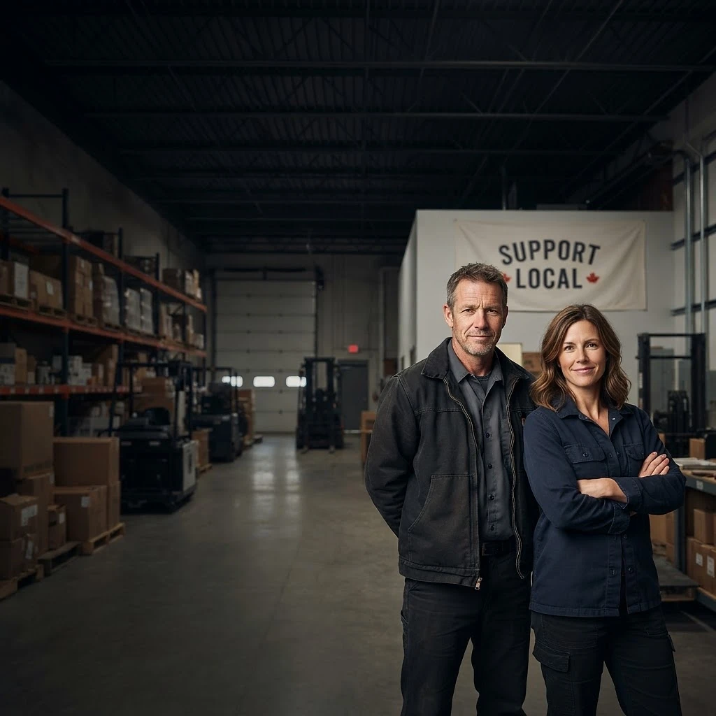 Husband-and-wife business owners standing together inside their warehouse