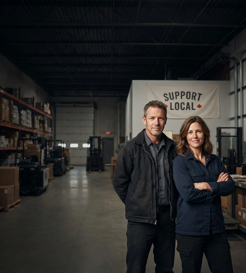 Husband-and-wife business owners standing together inside their warehouse