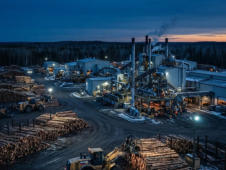 Sawmill and forest-products yard in northern Saskatchewan at dusk