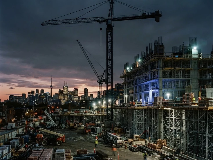 Commercial construction site at dusk with a crane silhouette and stacked materials