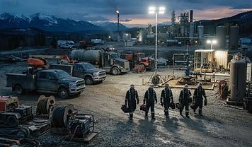 Energy field-service trucks and crew staged at a remote industrial site at dawn