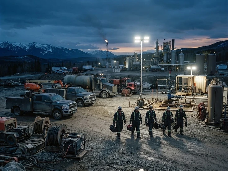 Energy field-service trucks and crew staged at a remote industrial site at dawn