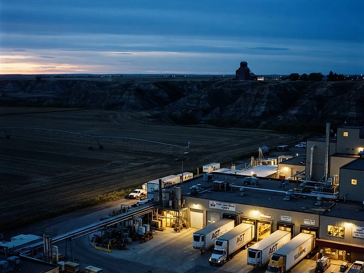 Food processing plant with refrigerated trucks and irrigated fields over the coulees in Lethbridge at dusk