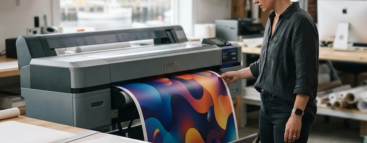 Operator checking a large-format print with abstract gradients in a Sackville creative studio.