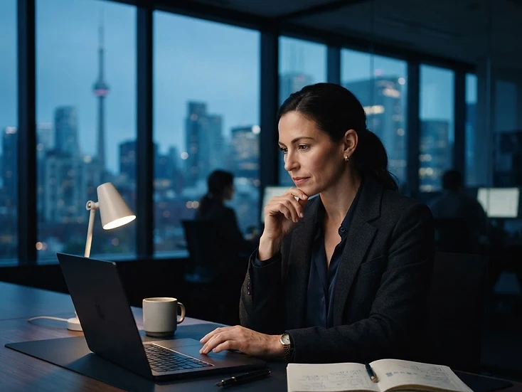 Business finance manager reviewing cash flow on a laptop in a dim office