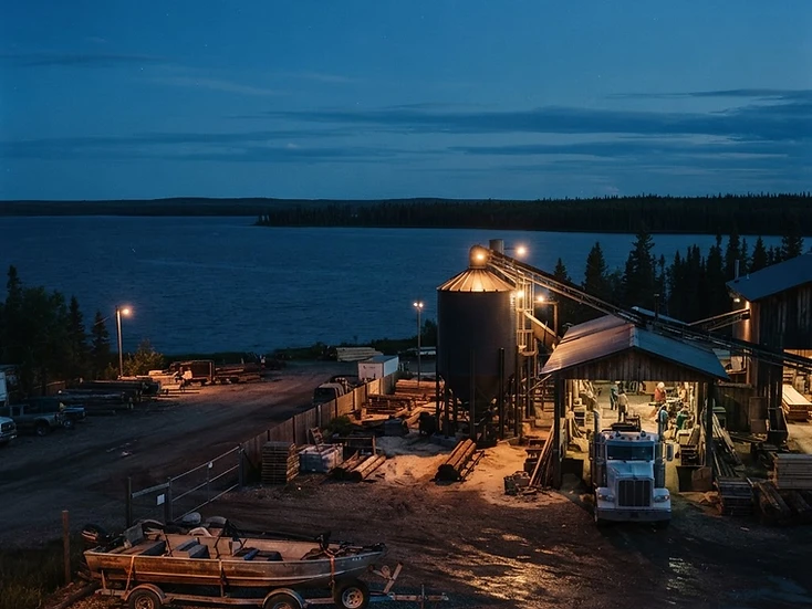 Sawmill and pellet-plant yard with delivery truck at a lake shoreline in Slave Lake at dusk