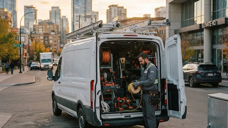 Unbranded electrical contractor service van with ladder rack, cable reels and organized tools with an electrician on a modern Edmonton street