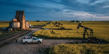 Oil pumpjacks in a golden canola field beside a country grain elevator at dusk in southeast Saskatchewan