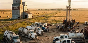Oilfield service rigs and vacuum trucks staged with grain elevators on the southeast Saskatchewan prairie near Carlyle