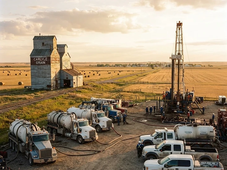Oilfield service rigs and vacuum trucks staged with grain elevators on the southeast Saskatchewan prairie near Carlyle