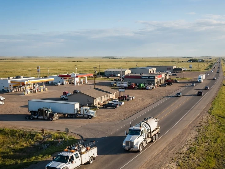 Trans-Canada Highway commercial frontage with fuel, motel and equipment businesses at Moosomin, Saskatchewan