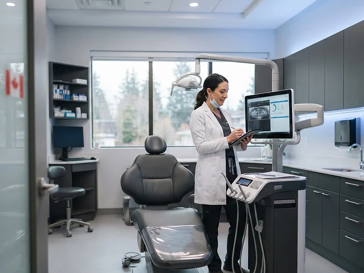 Dentist in a modern Canadian dental practice operatory