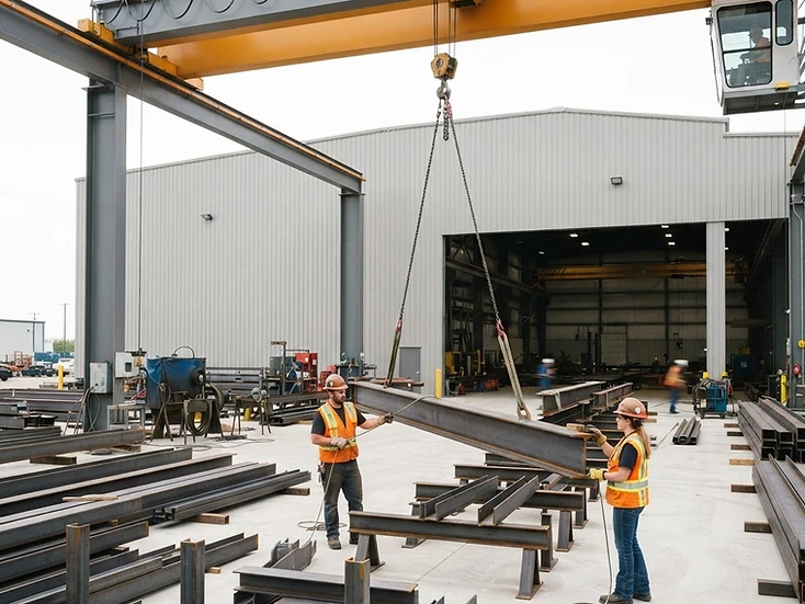 Steel fabrication crew guiding a lifted beam in a bright Manitoba fabrication yard