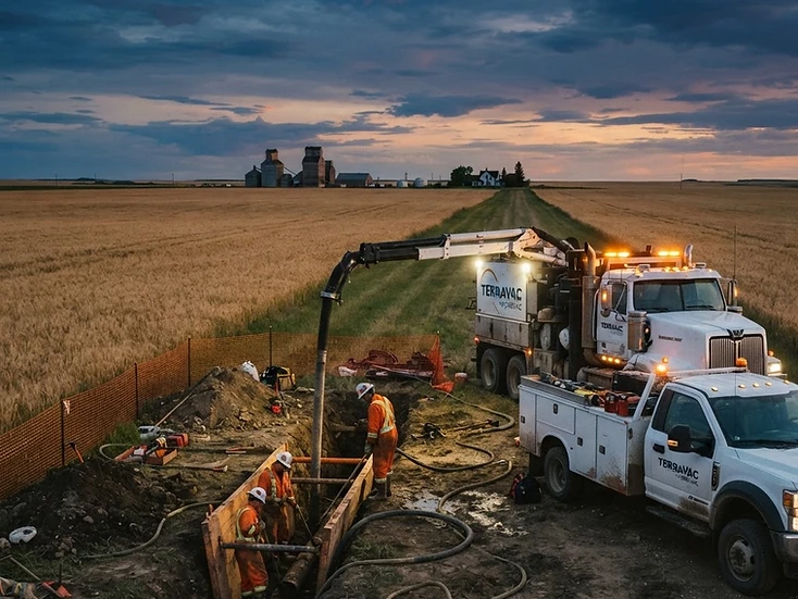 Hydrovac and pipeline-service trucks with crews working beside grain country near Hardisty, Alberta