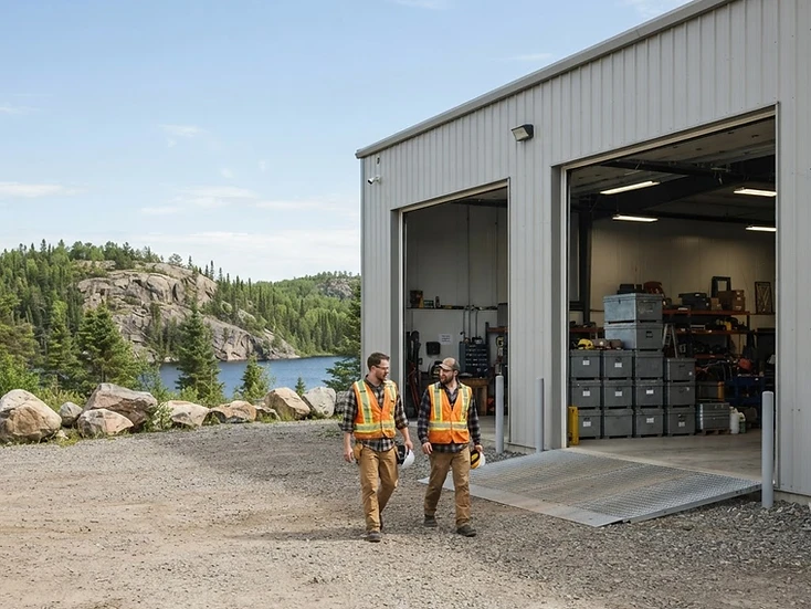 Contractors walking toward open service bays at a bright northern Manitoba industrial services yard