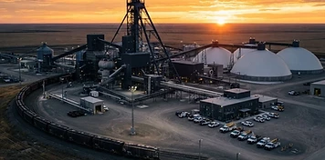 Modern potash mine surface complex with steel headframe, storage domes and a rail loading loop at sunrise