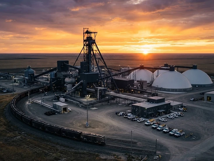 Modern potash mine surface complex with steel headframe, storage domes and a rail loading loop at sunrise