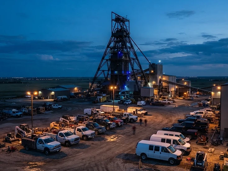 Potash mine surface service yard with headframe silhouette against a deep-blue dusk sky
