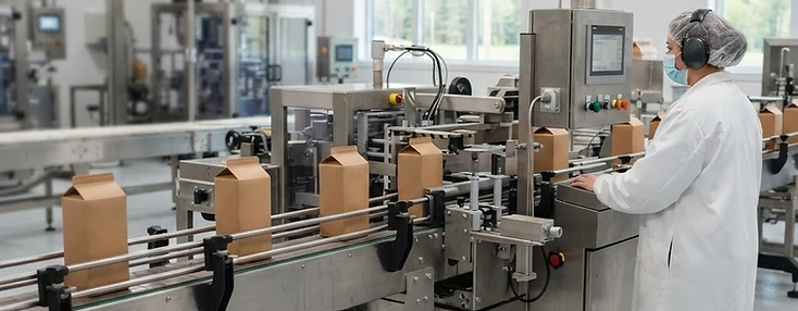 Automated case packer boxing plain food cartons on a Florenceville-Bristol packaging line.