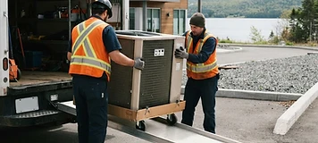 Technicians unloading commercial refrigeration equipment from a service truck in Bathurst.