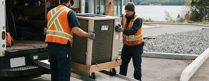 Technicians unloading commercial refrigeration equipment from a service truck in Bathurst.