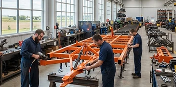 Workers assembling agricultural implement frames on a bright southern Manitoba production line