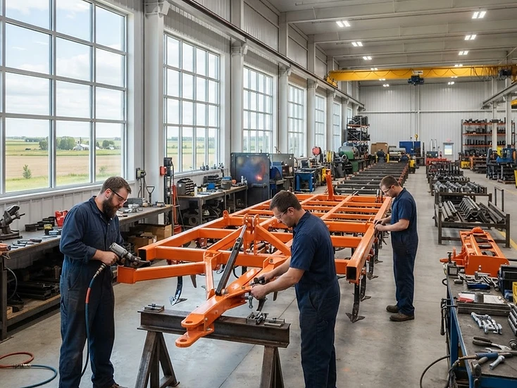 Workers assembling agricultural implement frames on a bright southern Manitoba production line