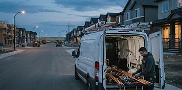 Unbranded plumbing and heating service van with ladder and pipe rack outside a new residential development in Airdrie at dusk