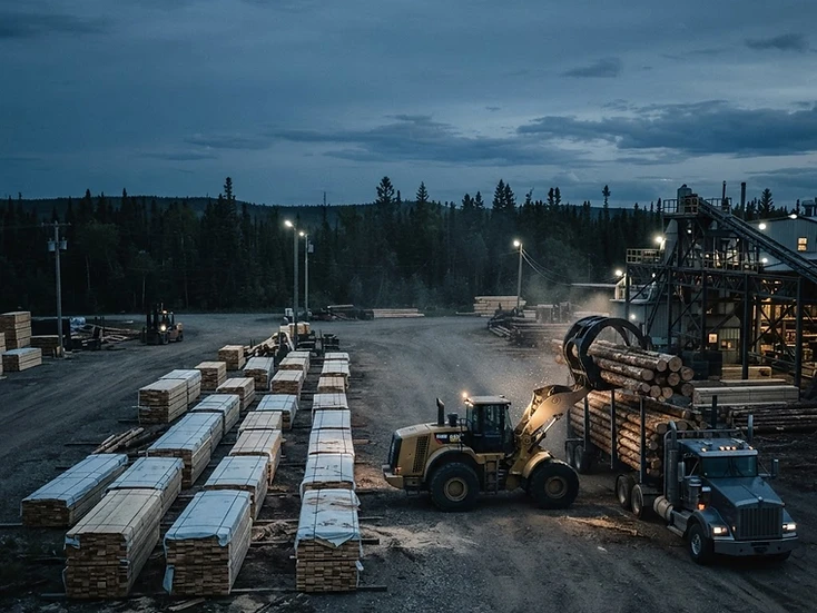 Sawmill yard with fresh lumber packages stacked in rows and a log truck loaded by a front-end loader at dusk